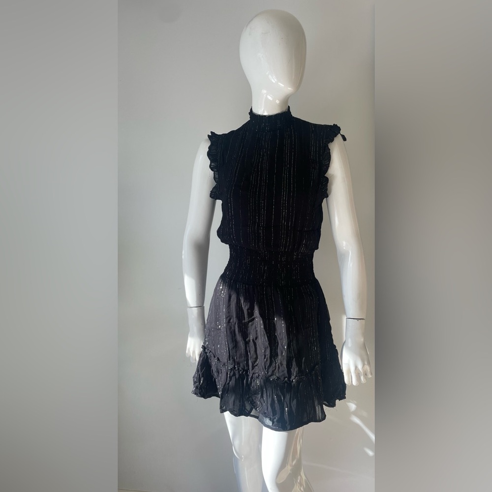 Elan Black Metallic Stripe Ruffle Mini Dress Smocked Waist Size M - Picture 2 of 8